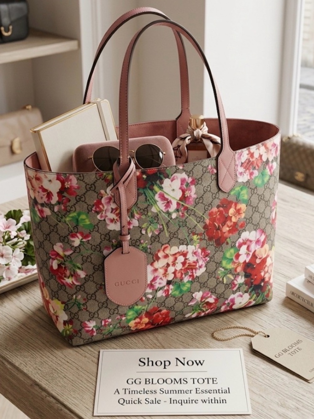 Gucci Floral GG Supreme Tote in Pink and Brown